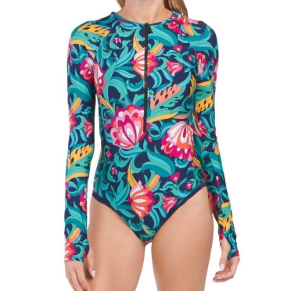 Trina Turk Women's India Garden Rashguard One-Piece Swimsuit Size XL